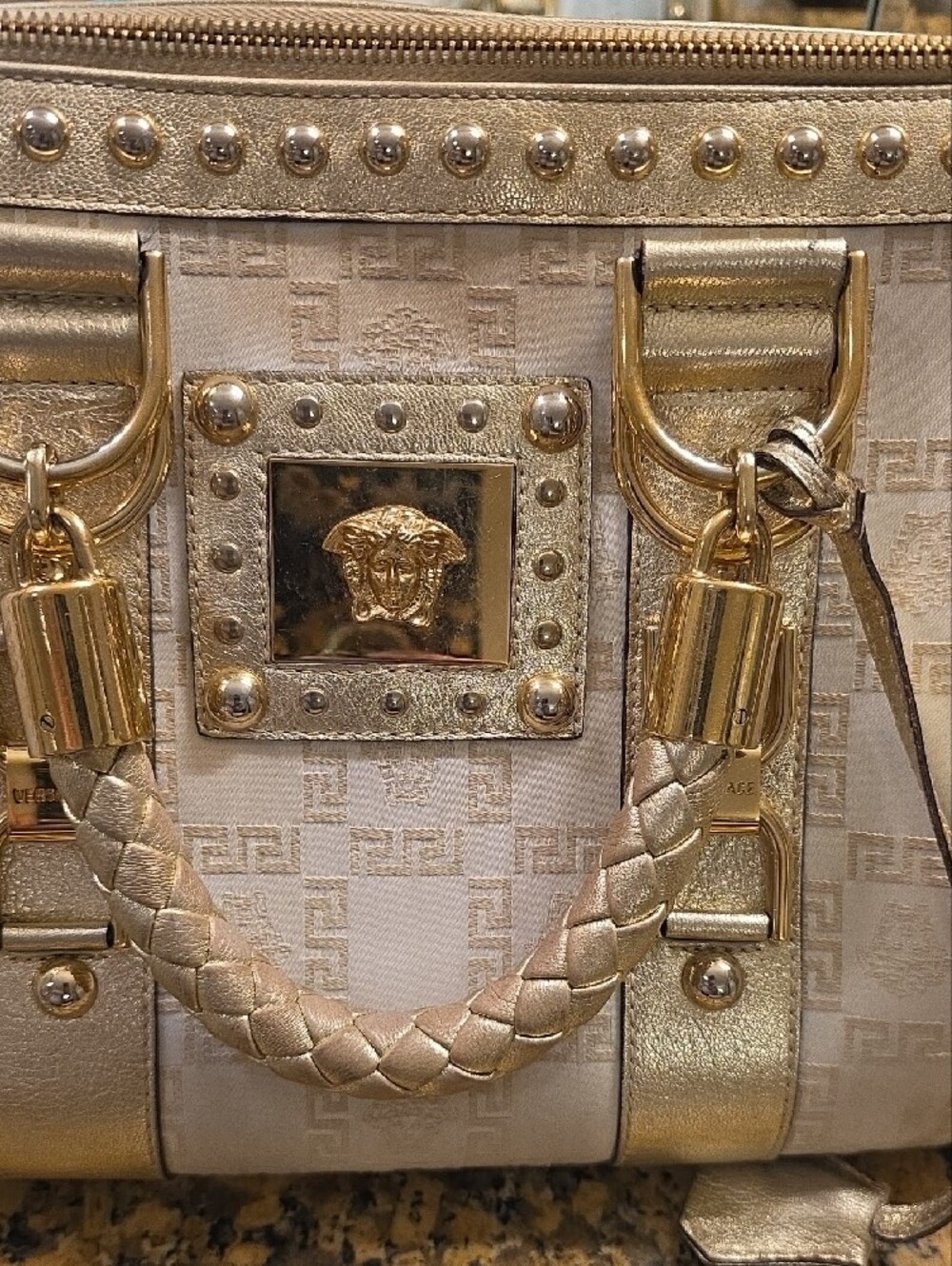 Gorgeous Versace Cream and Gold Medusa Studded Satchel with Braided Handle - Picture 3 of 16